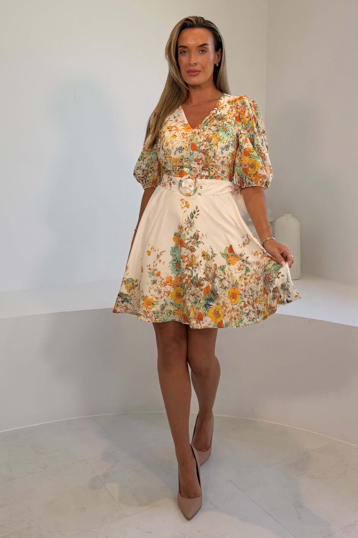 Azelia Puff Sleeve V Neck Mini Dress Yellow Floral