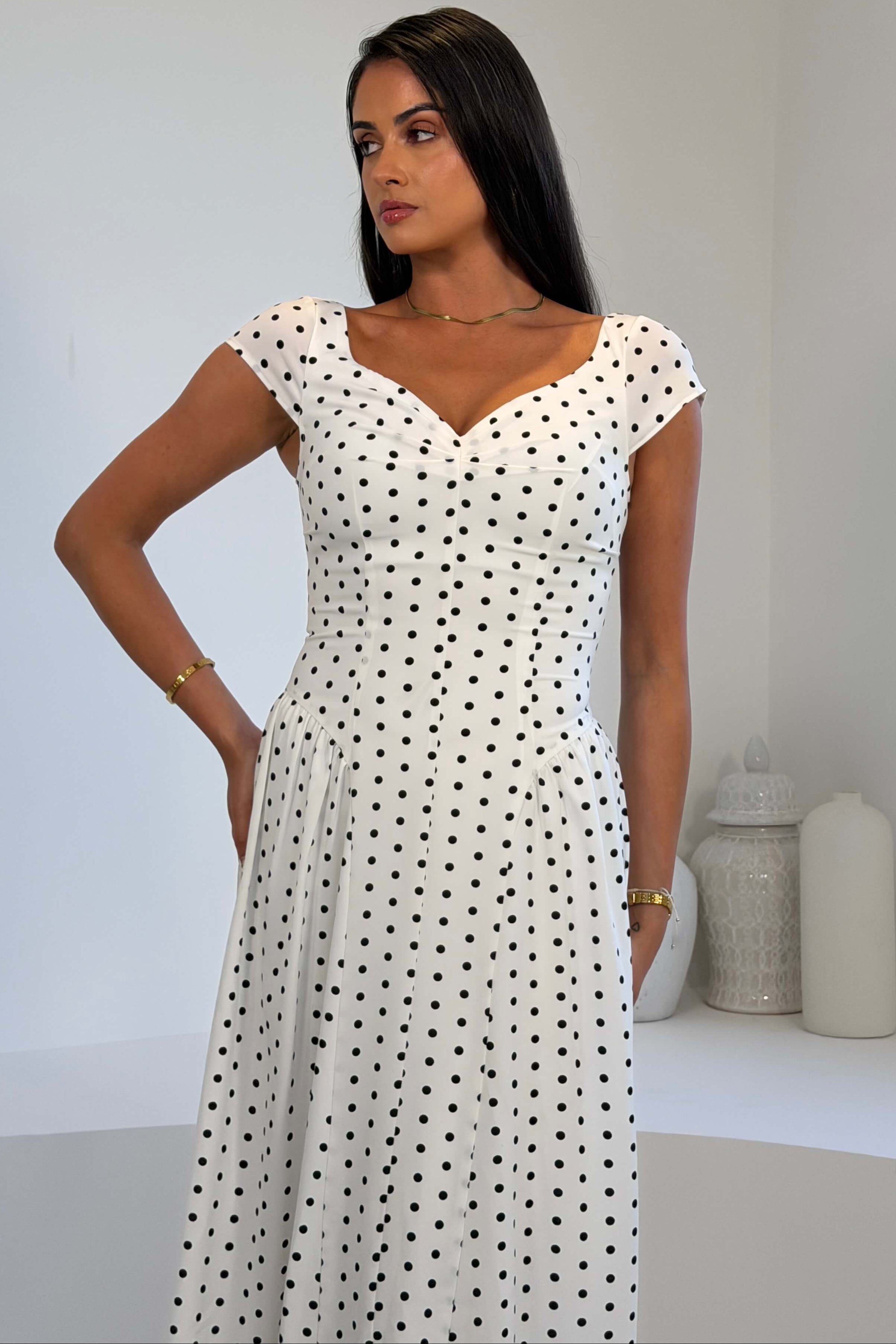 Ebby Pleated Bust Strappy Midi Dress White Spot