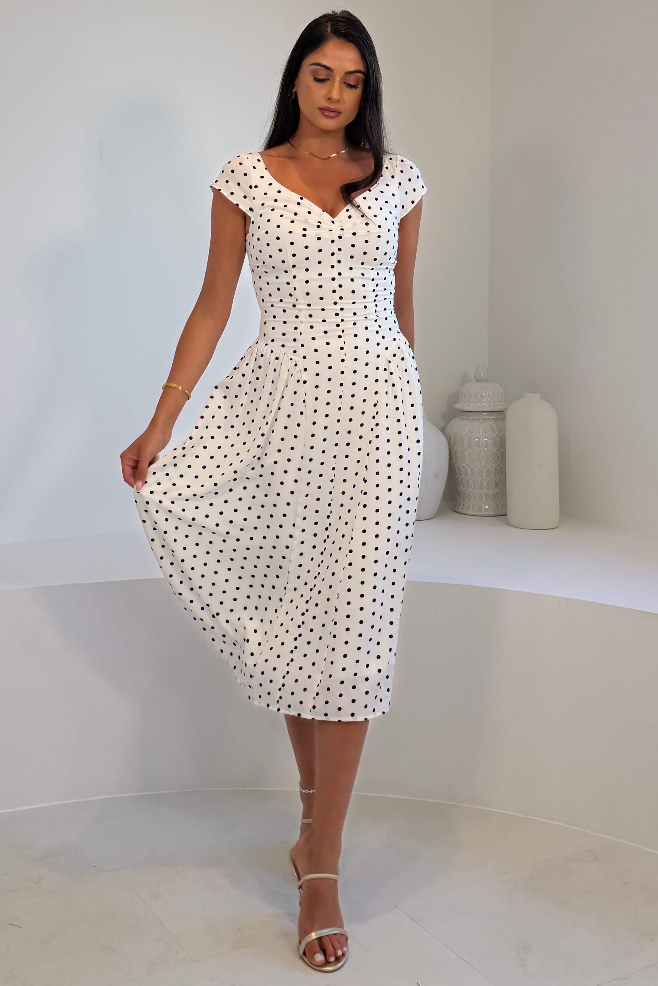Ebby Pleated Bust Strappy Midi Dress White Spot