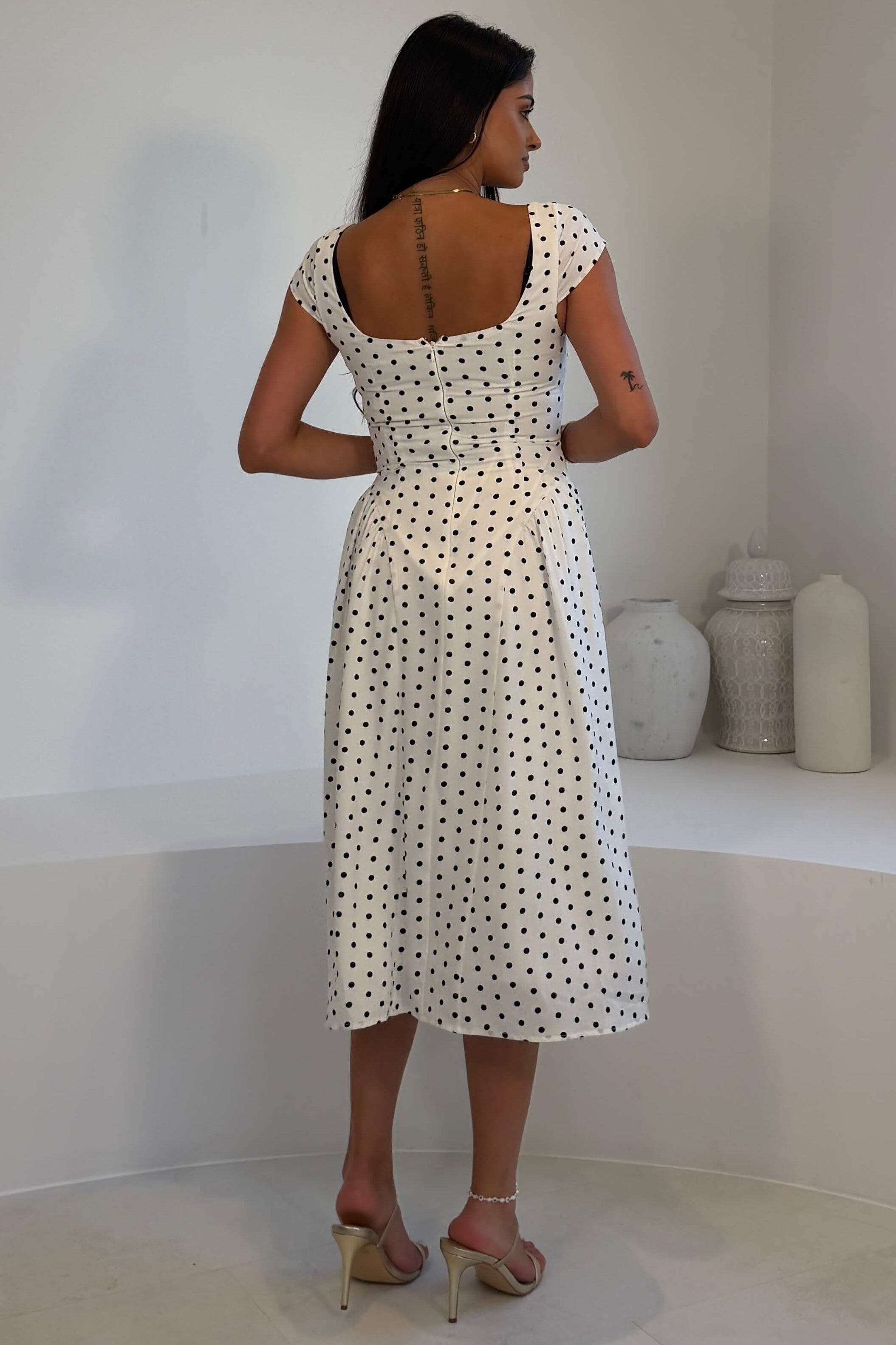 Ebby Pleated Bust Strappy Midi Dress White Spot