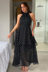 Iris Halterneck Layered Maxi Dress Black Spot Print