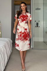 Kamala Rouched Detail A Line Midi Dress Red Floral