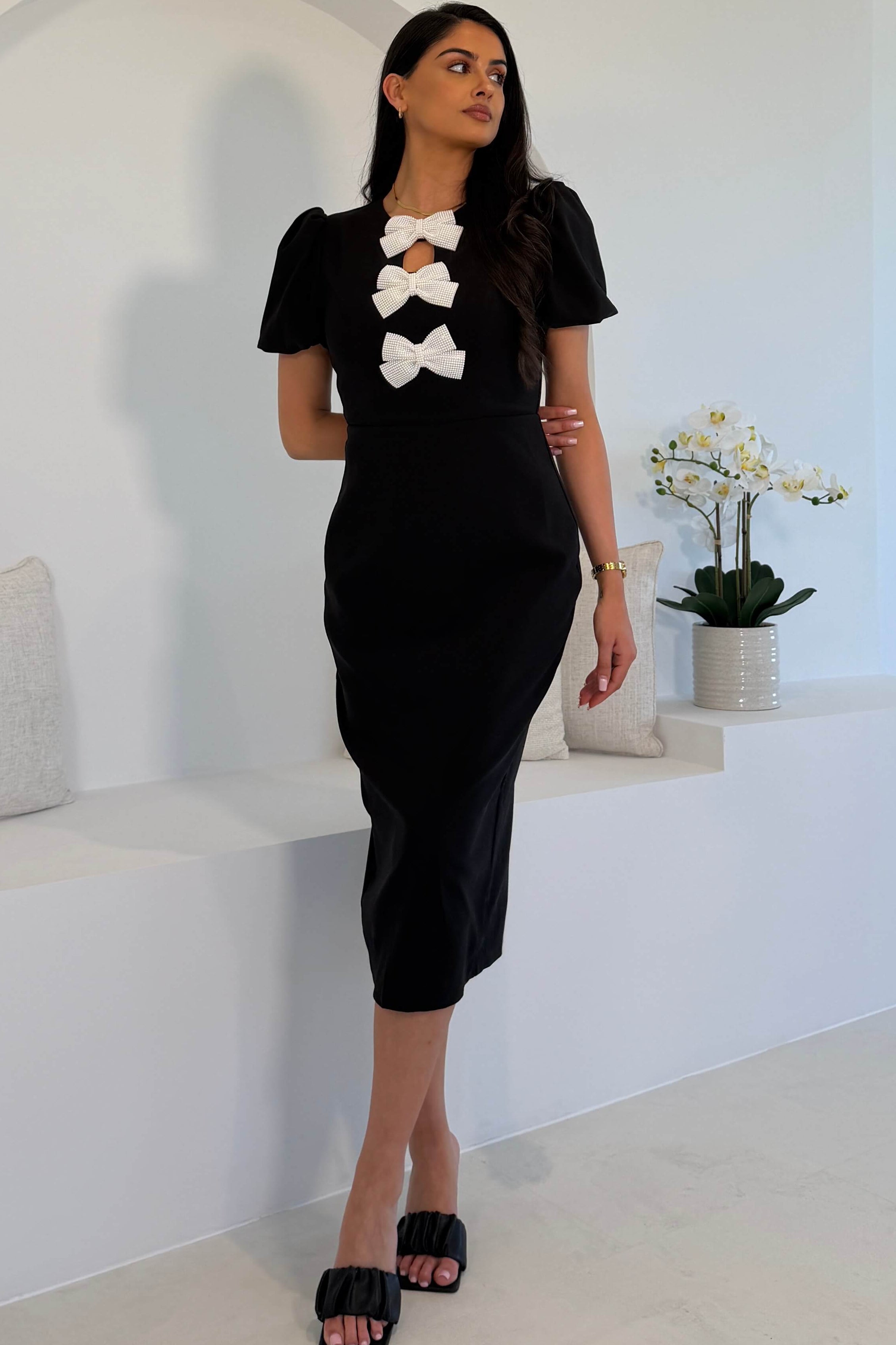 Emma Cut Out Bow Midi Dress Black
