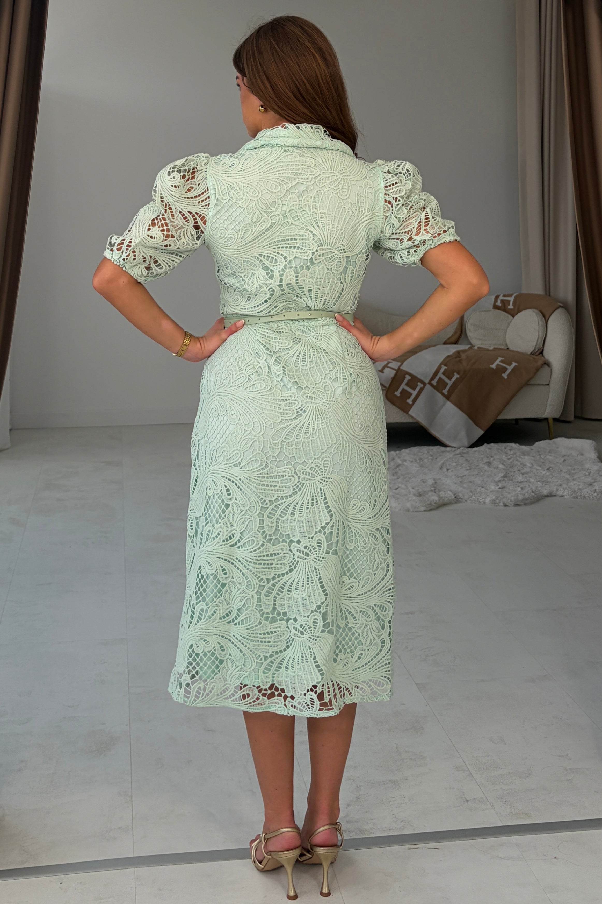 Bracken Short Sleeve Lace Shirt Midi Dress Pastel Green
