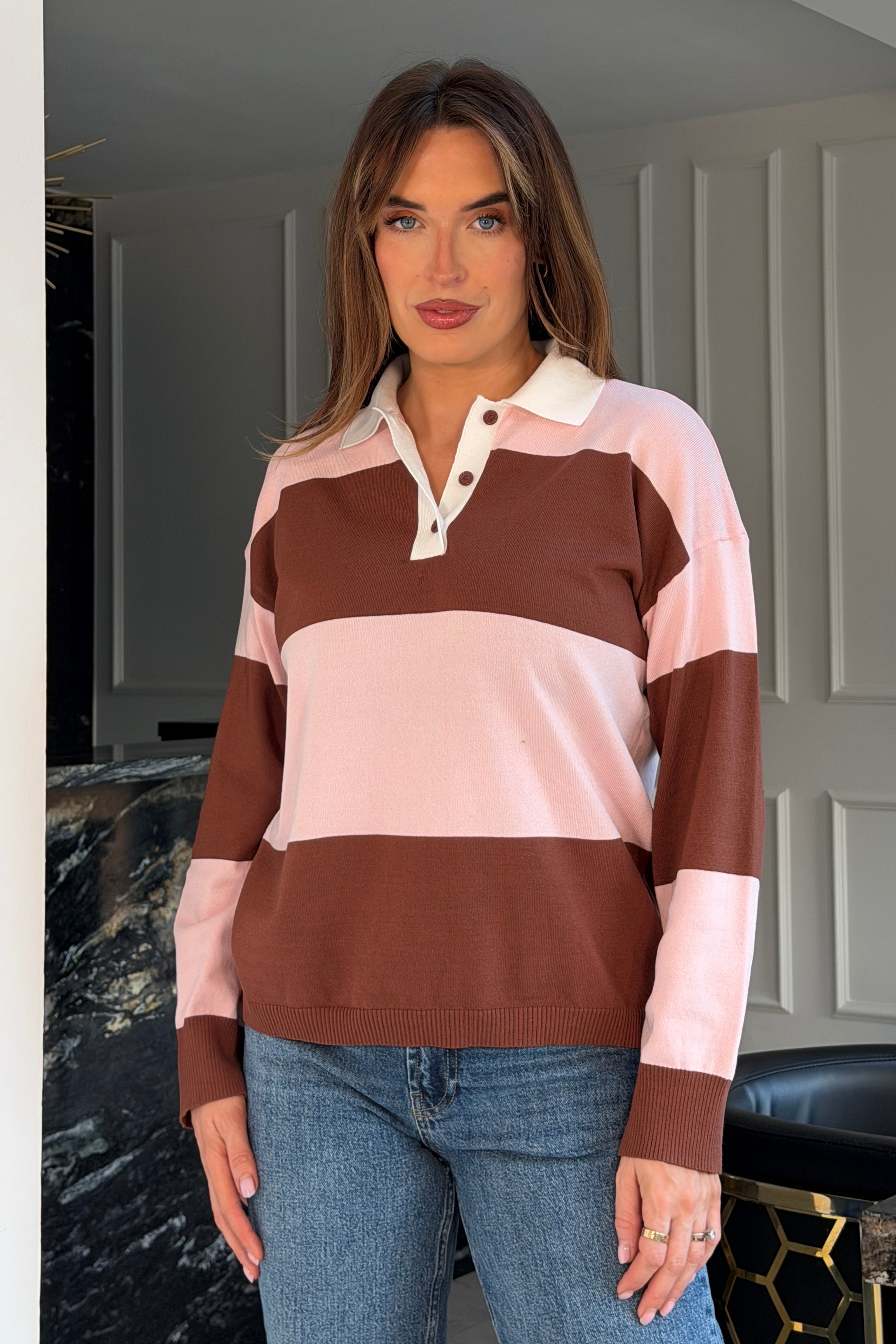 Lauren Stripe Knit Collar Top Pink