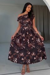 Betty Asymmetric Neckline Floral Skater Midi Dress Brown Floral
