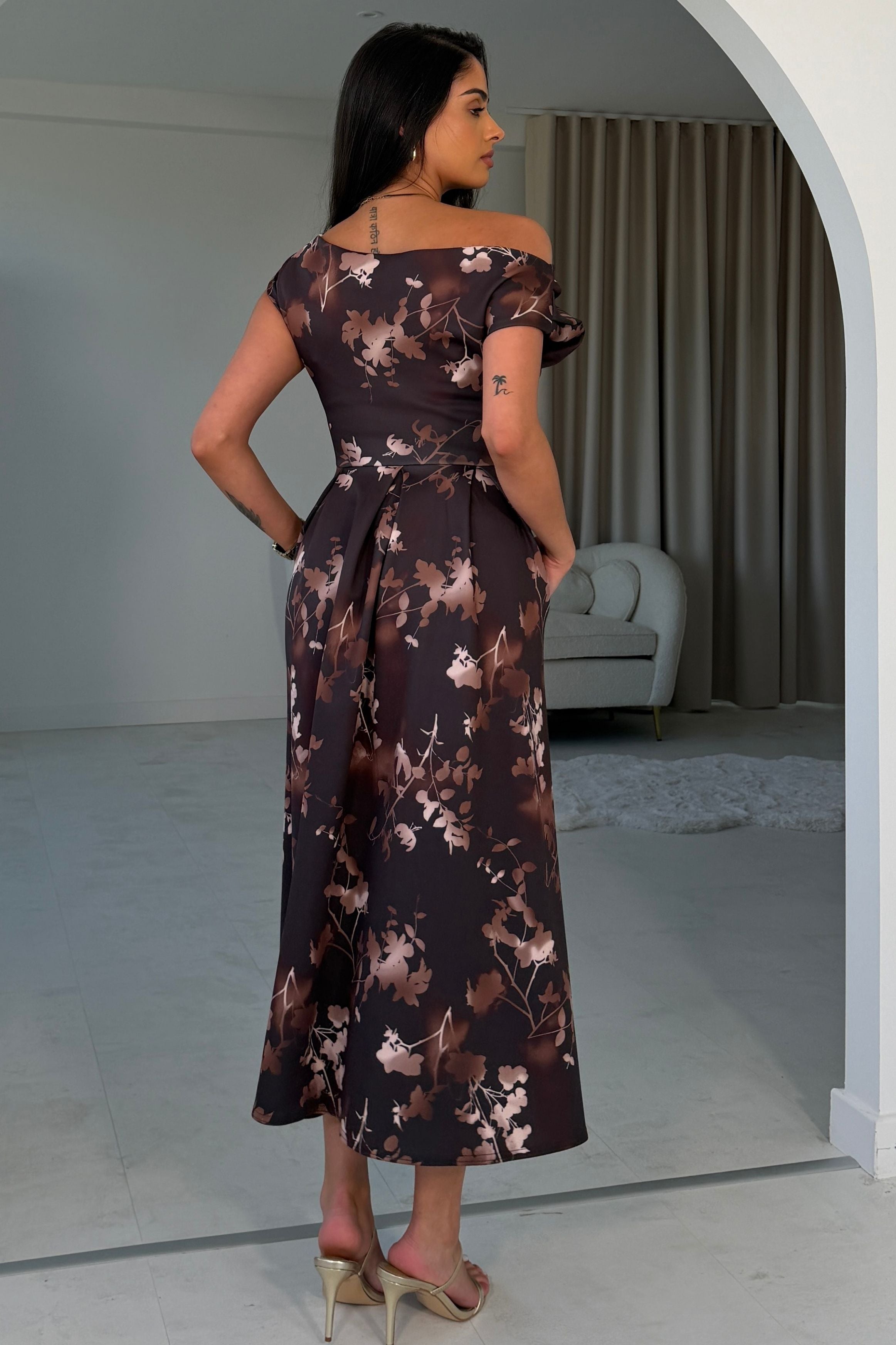 Betty Asymmetric Neckline Floral Skater Midi Dress Brown Floral