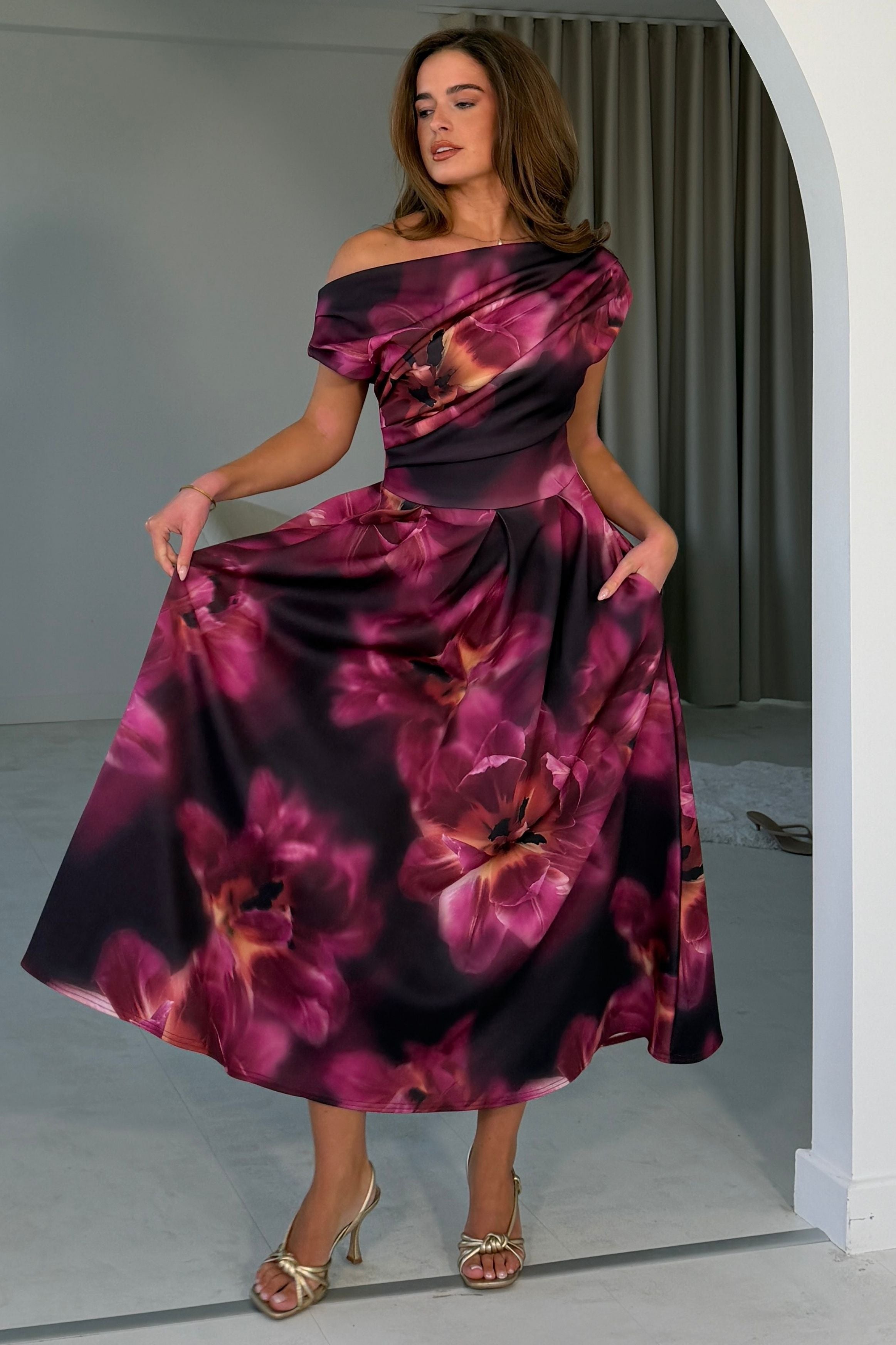 Betty Asymmetric Neckline Floral Skater Midi Dress Plum Floral