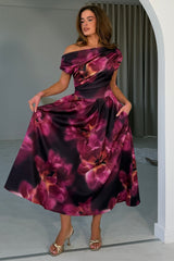 Betty Asymmetric Neckline Floral Skater Midi Dress Plum Floral