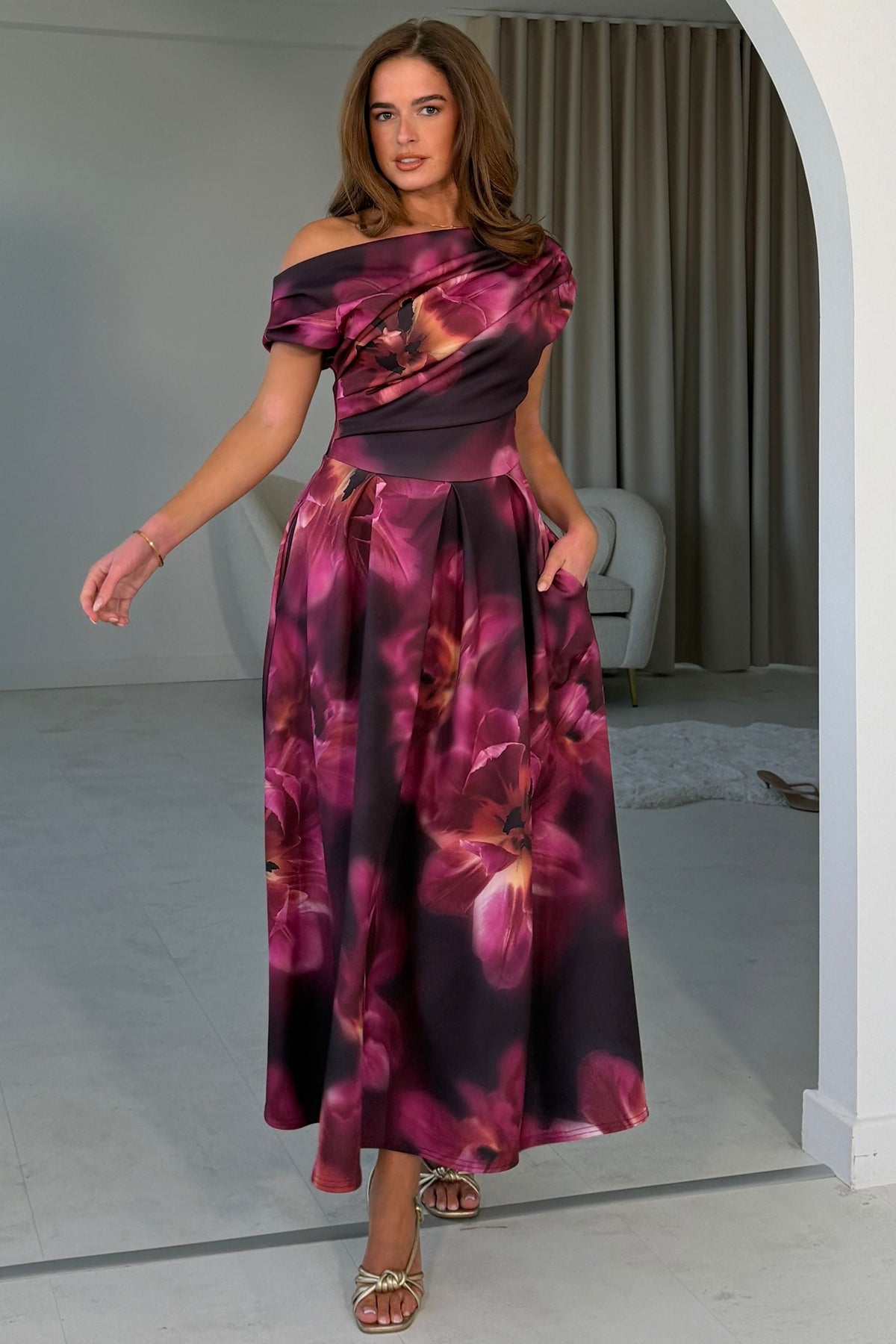 Betty Asymmetric Neckline Floral Skater Midi Dress Plum Floral