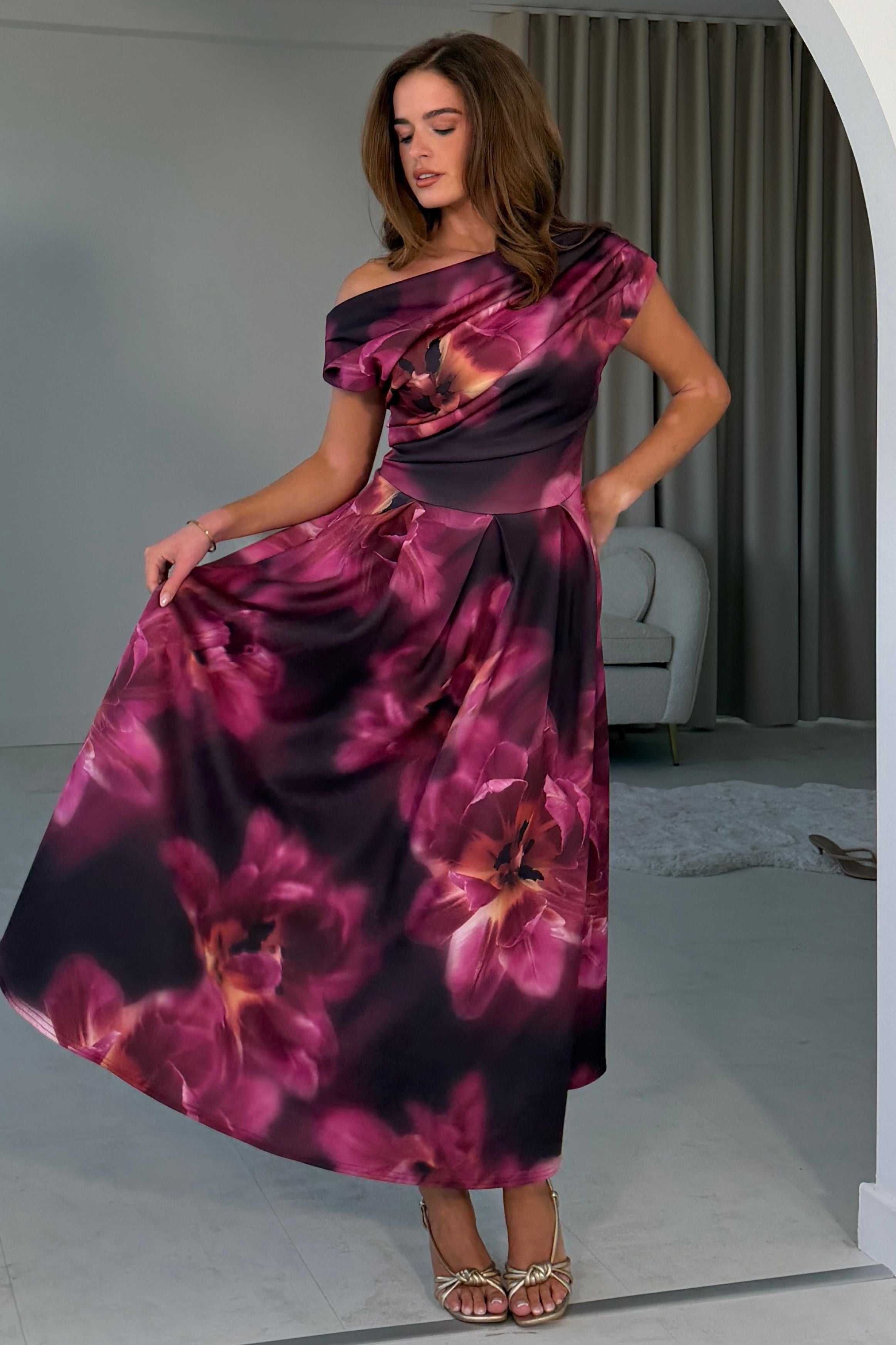 Betty Asymmetric Neckline Floral Skater Midi Dress Plum Floral