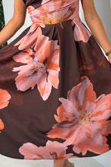 Betty Asymmetric Neckline Large Floral Skater Midi Dress Plum