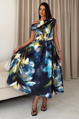 Betty Asymmetric Neckline Large Floral Skater Midi Dress Sapphire Blue