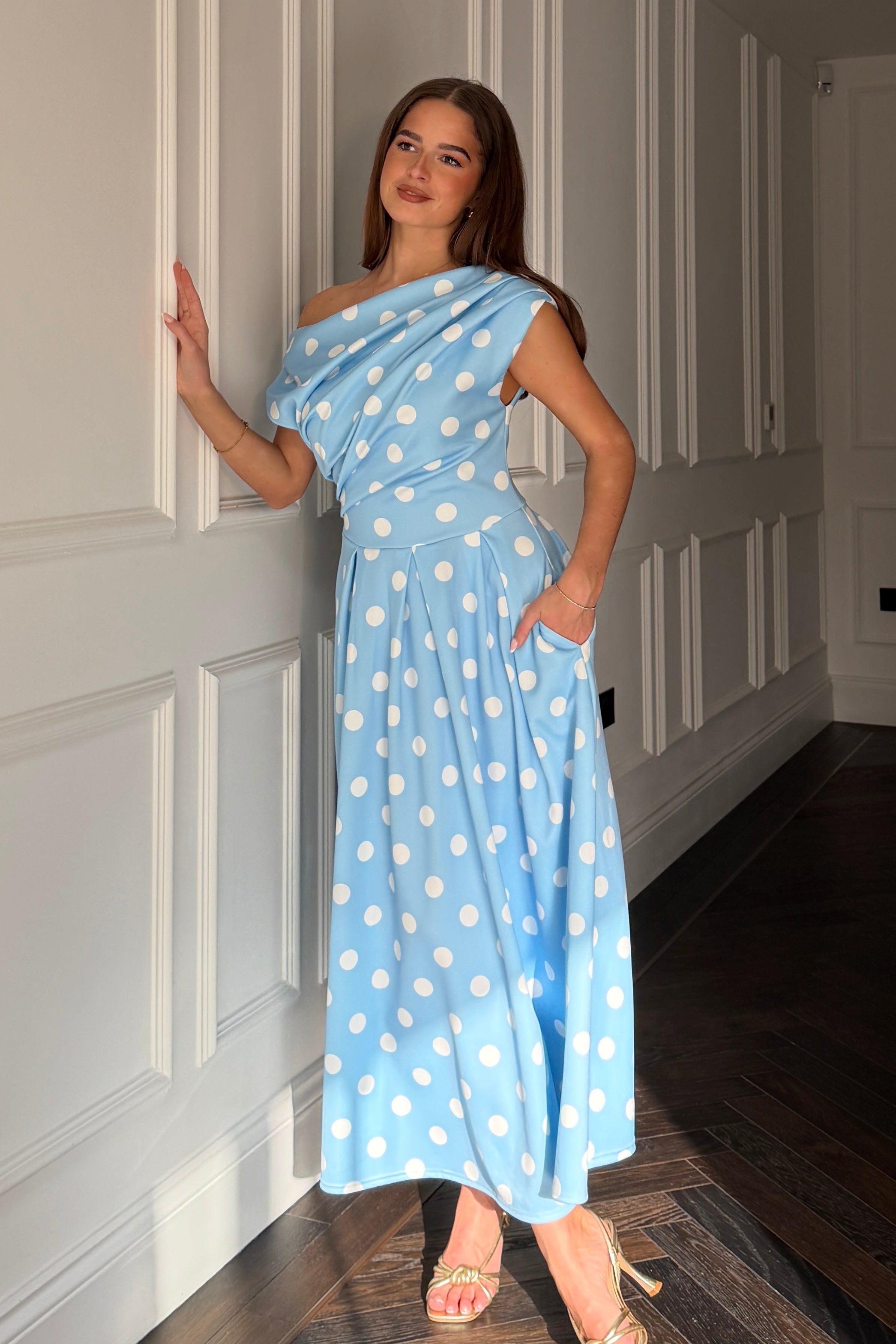 Betty Asymmetric Neckline Skater Midi Blue Polka