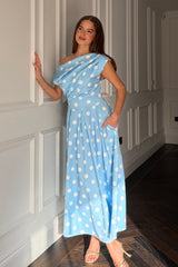 Betty Asymmetric Neckline Skater Midi Blue Polka