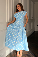 Betty Asymmetric Neckline Skater Midi Blue Polka
