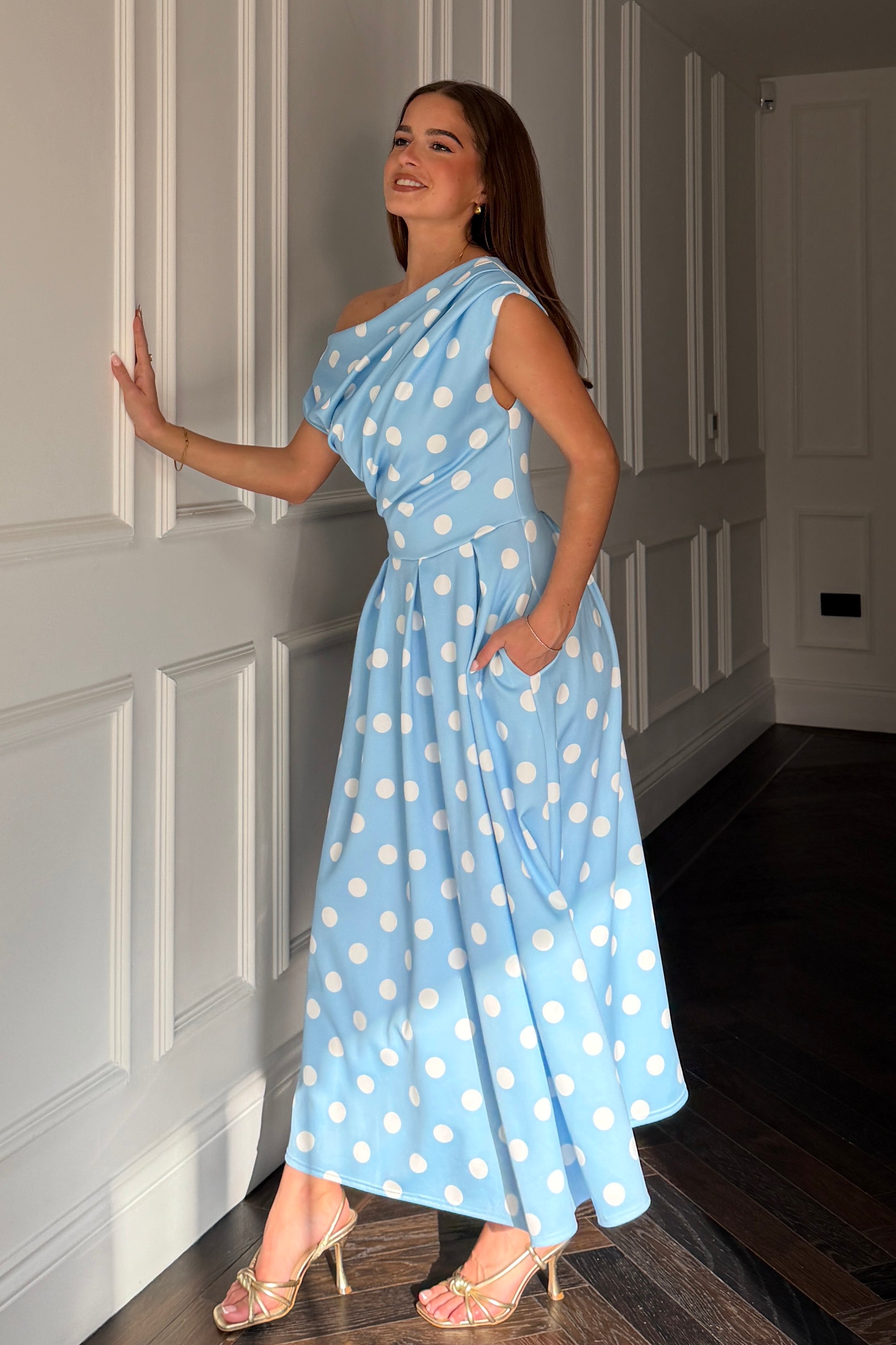 Betty Asymmetric Neckline Skater Midi Blue Polka