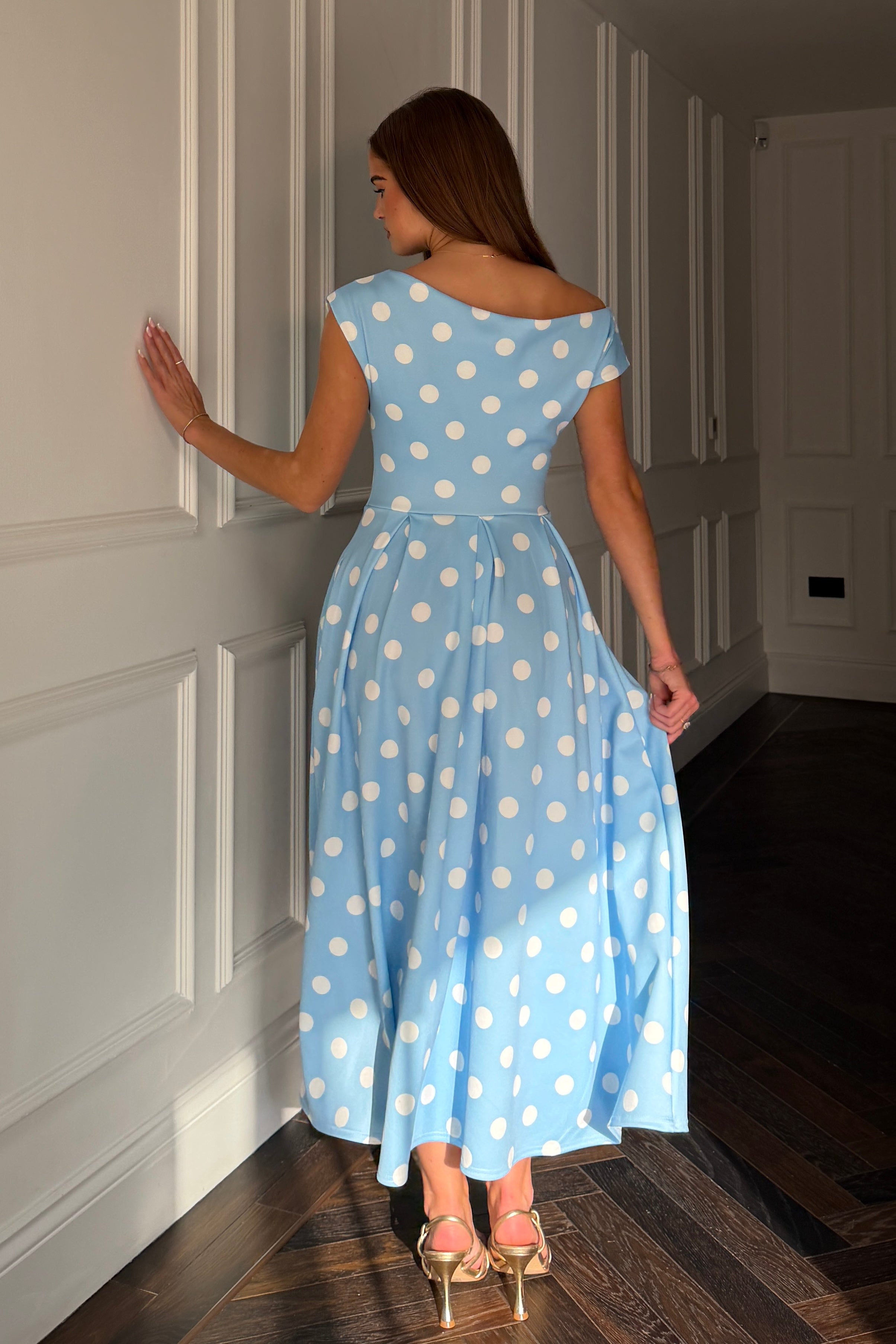 Betty Asymmetric Neckline Skater Midi Blue Polka