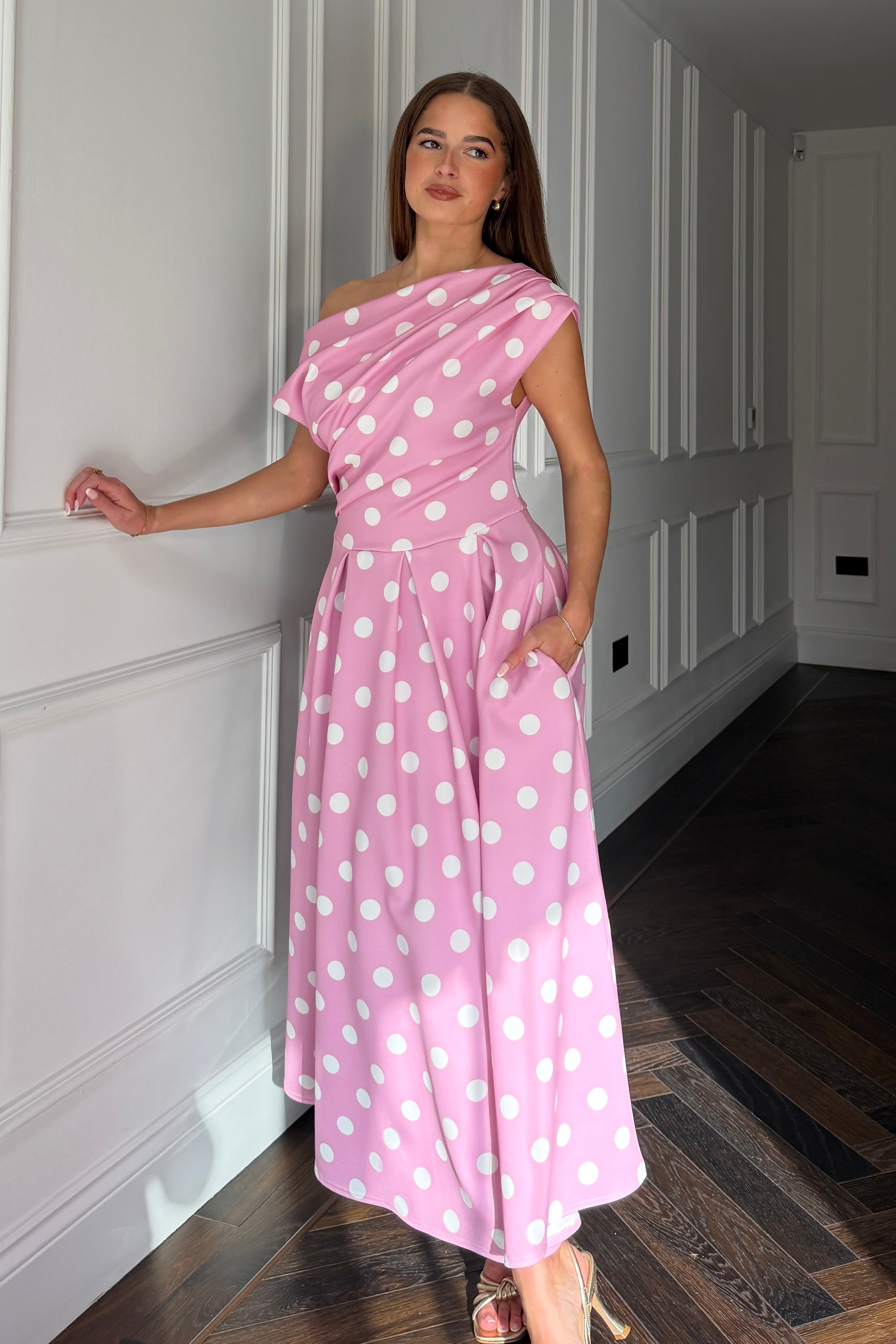 Betty Asymmetric Neckline Skater Midi Pink Polka