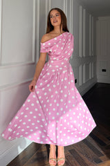Betty Asymmetric Neckline Skater Midi Pink Polka