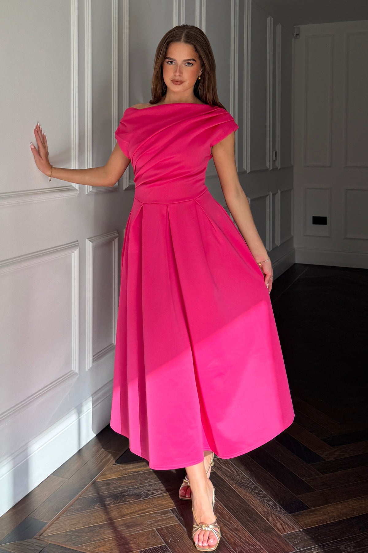 Betty Asymmetric Neckline Skater Midi Hot Pink