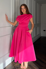 Betty Asymmetric Neckline Skater Midi Hot Pink