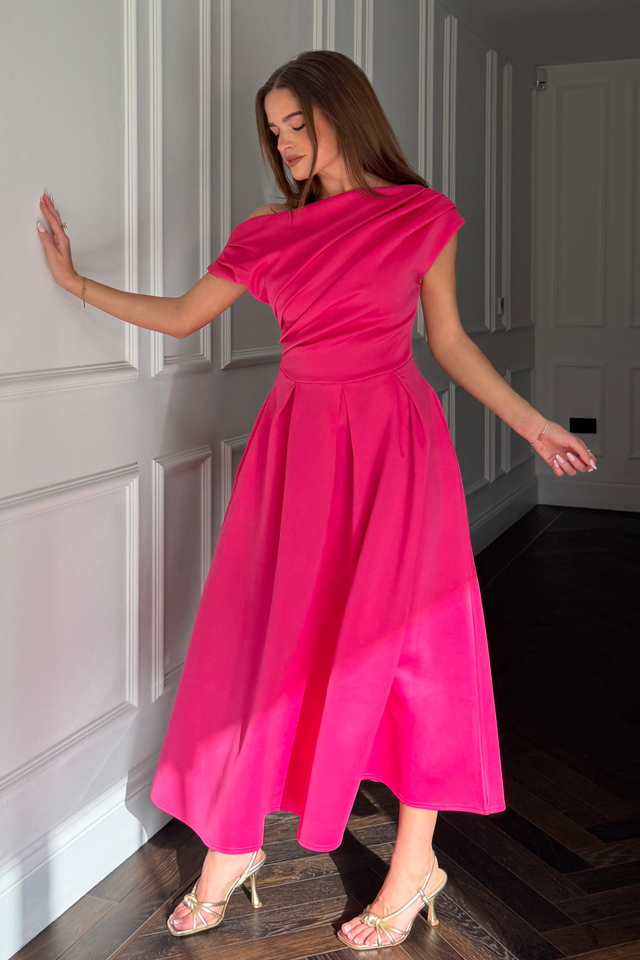 Betty Asymmetric Neckline Skater Midi Hot Pink