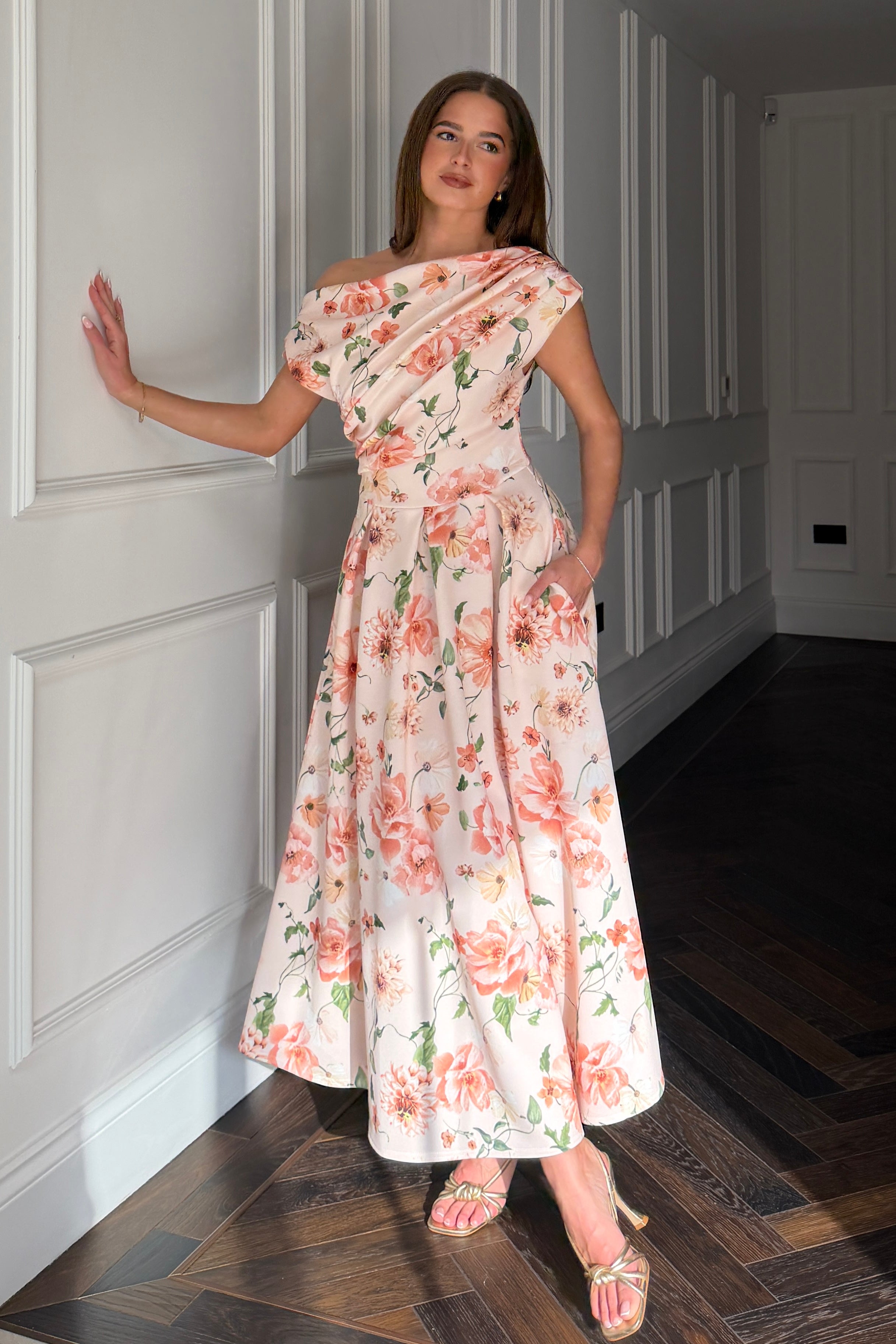 Betty Asymmetric Neckline Skater Midi Dress Peach