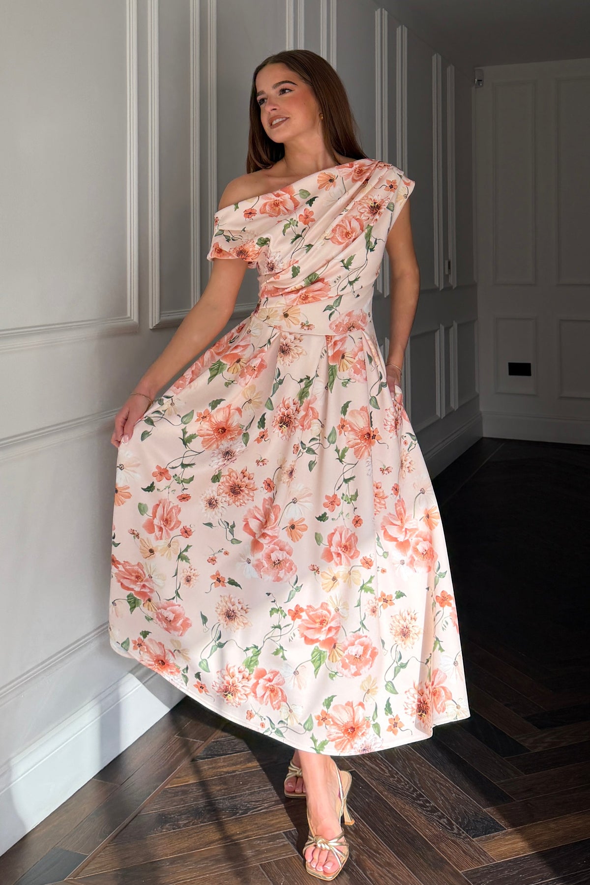Betty Asymmetric Neckline Skater Midi Dress Peach