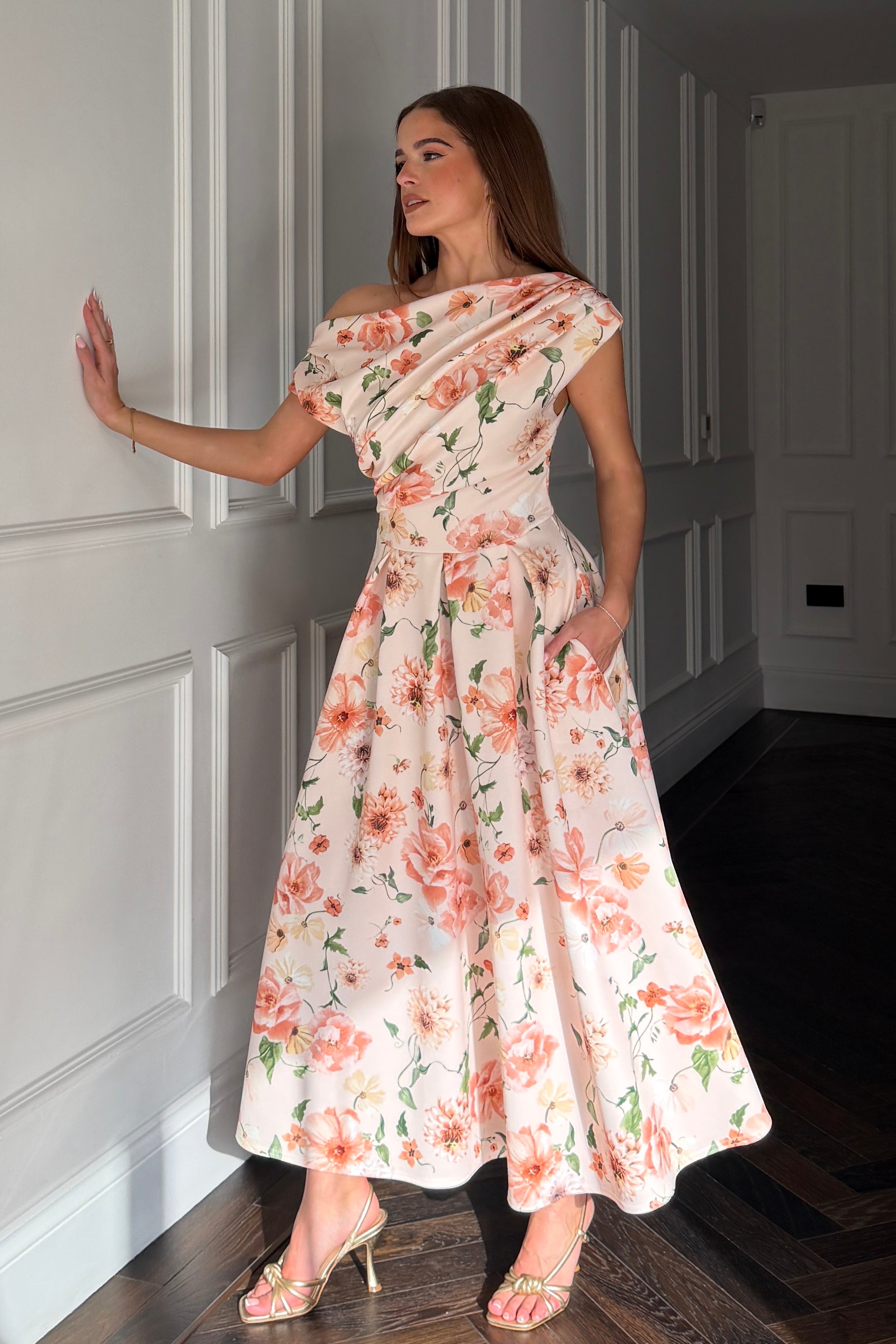Betty Asymmetric Neckline Skater Midi Dress Peach