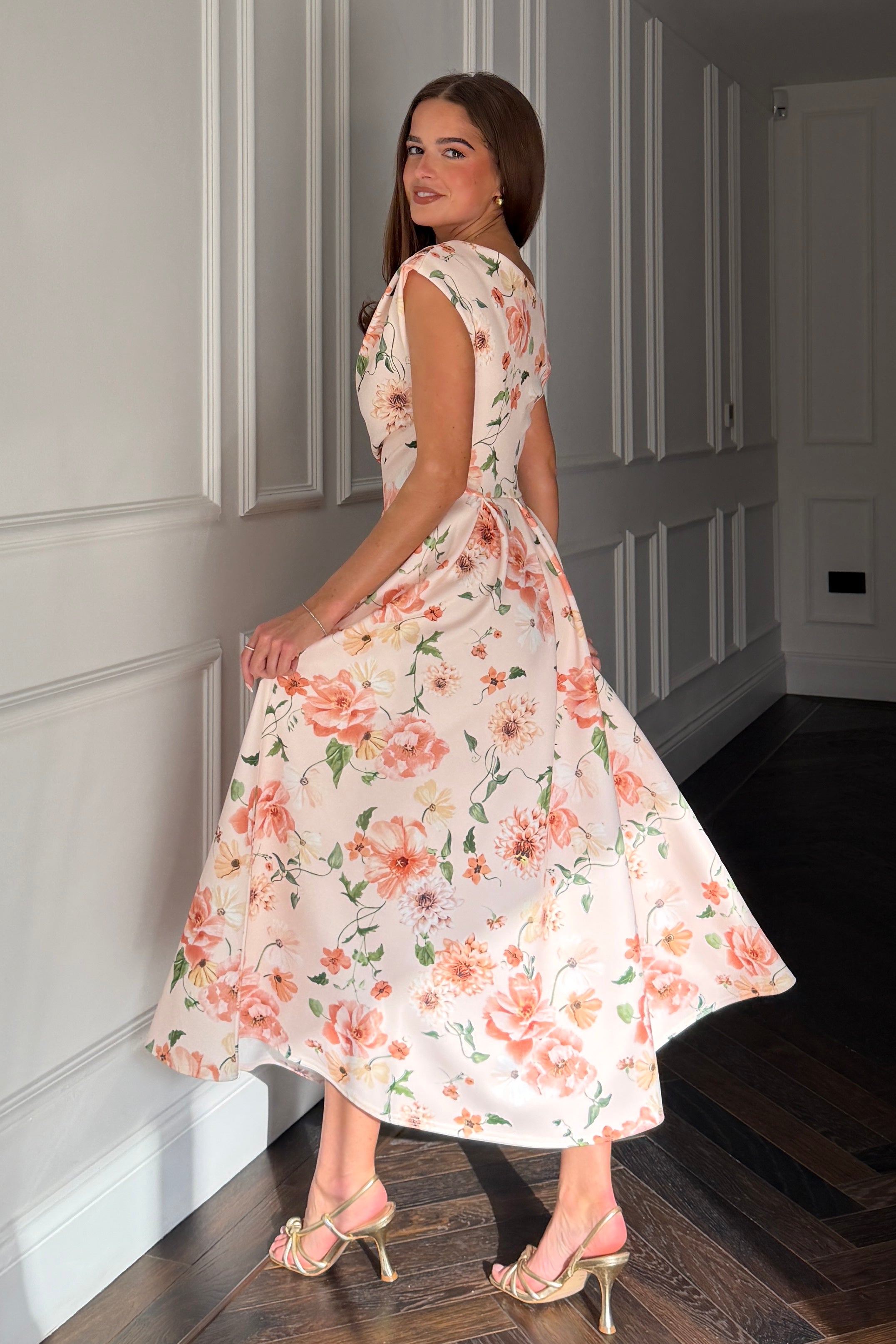 Betty Asymmetric Neckline Skater Midi Dress Peach