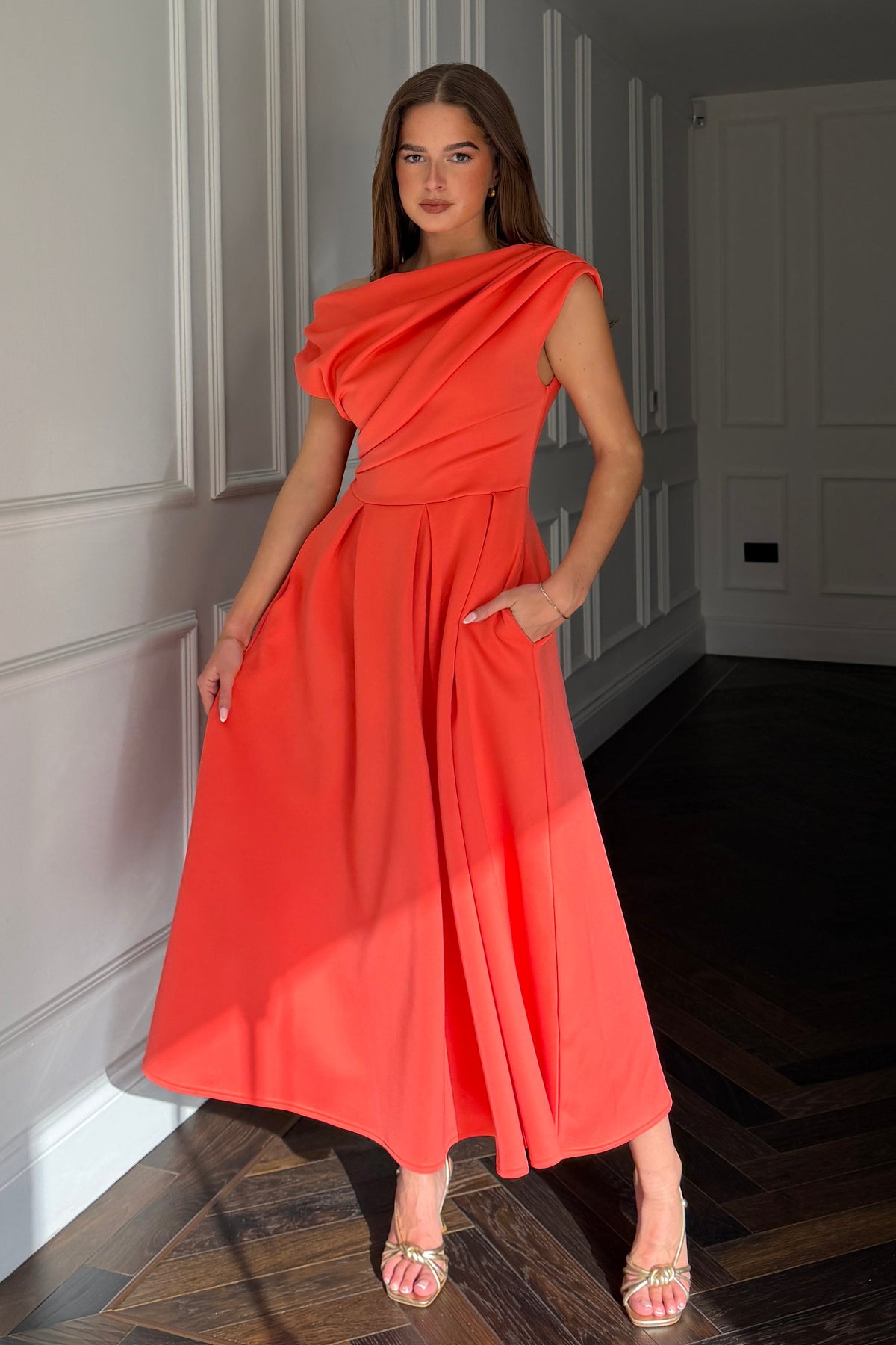 Betty Asymmetric Midi Dress Coral