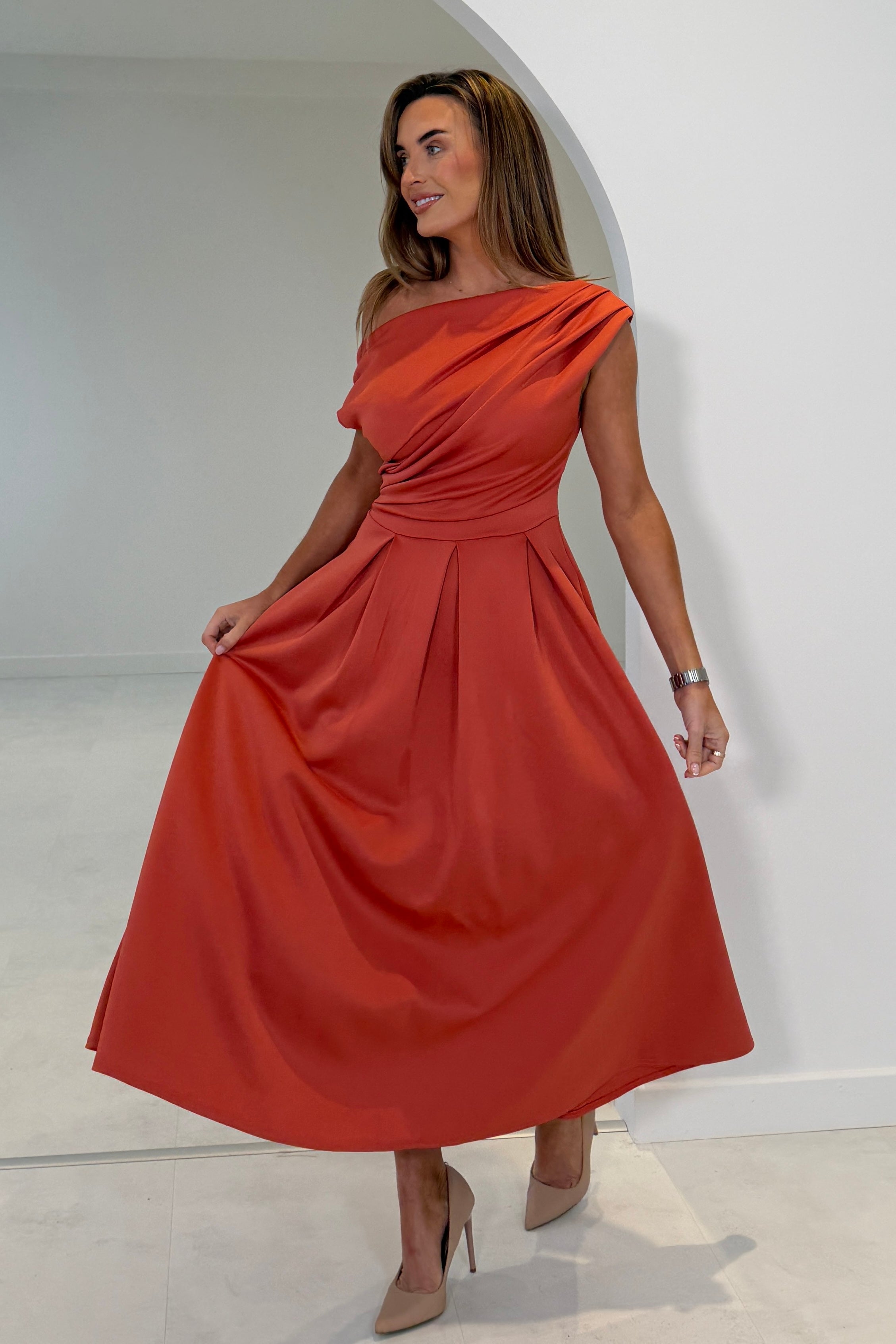 Betty Asymmetric Midi Dress Clay
