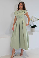 Betty Asymmetric Neckline Skater Midi Dress Sage