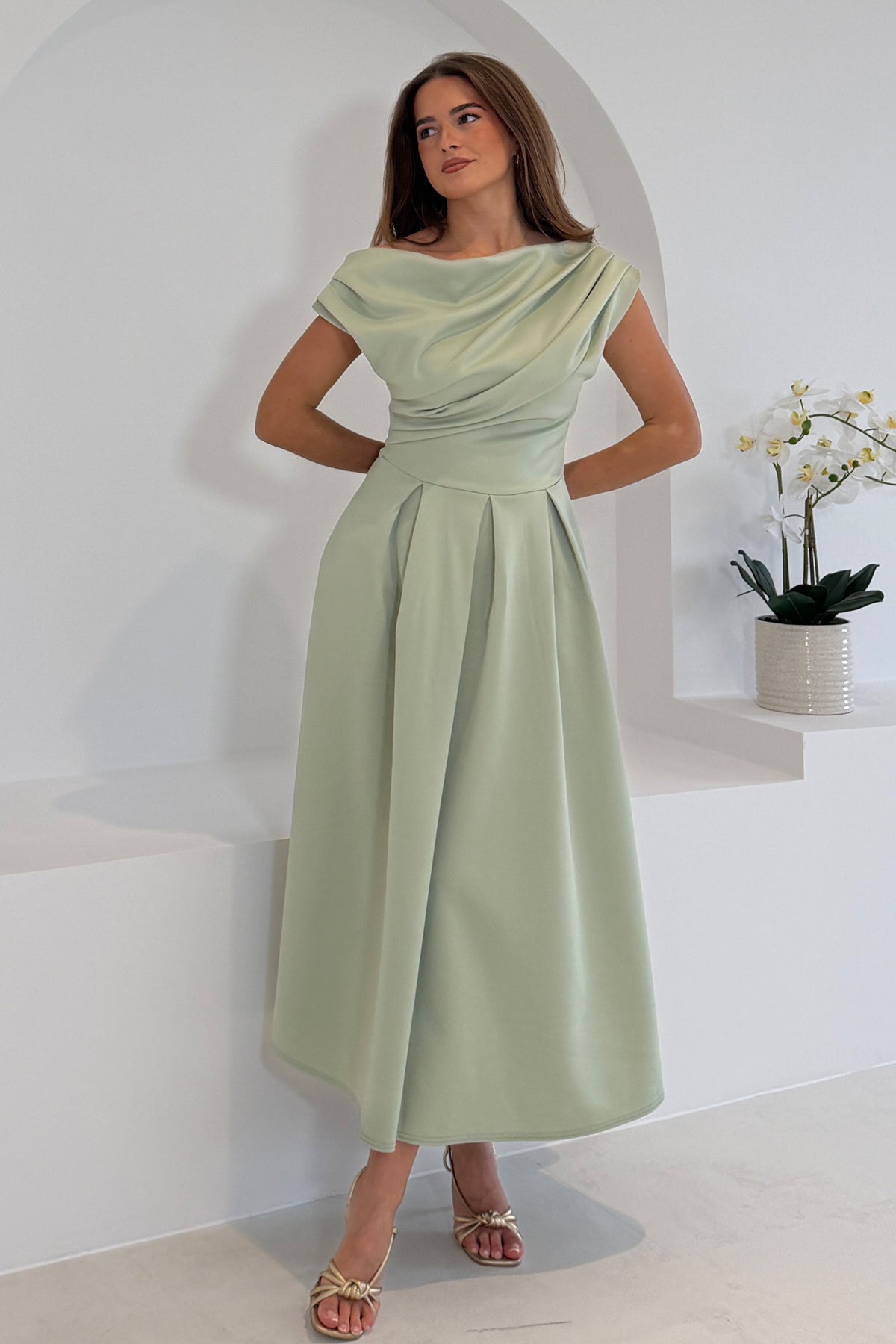 Betty Asymmetric Neckline Skater Midi Dress Sage