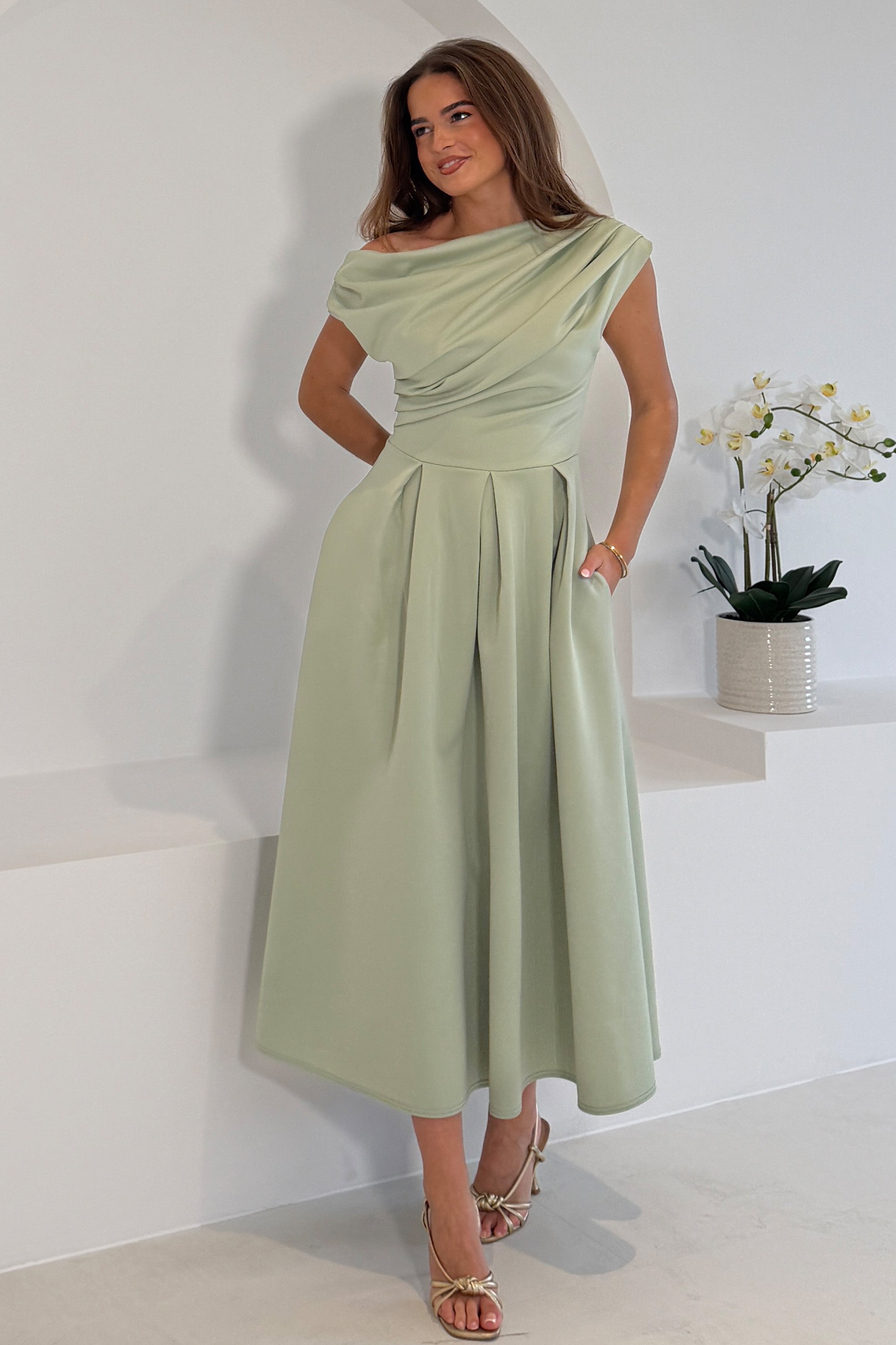 Betty Asymmetric Neckline Skater Midi Dress Sage