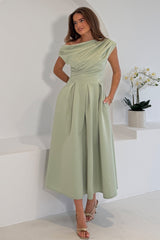 Betty Asymmetric Neckline Skater Midi Dress Sage