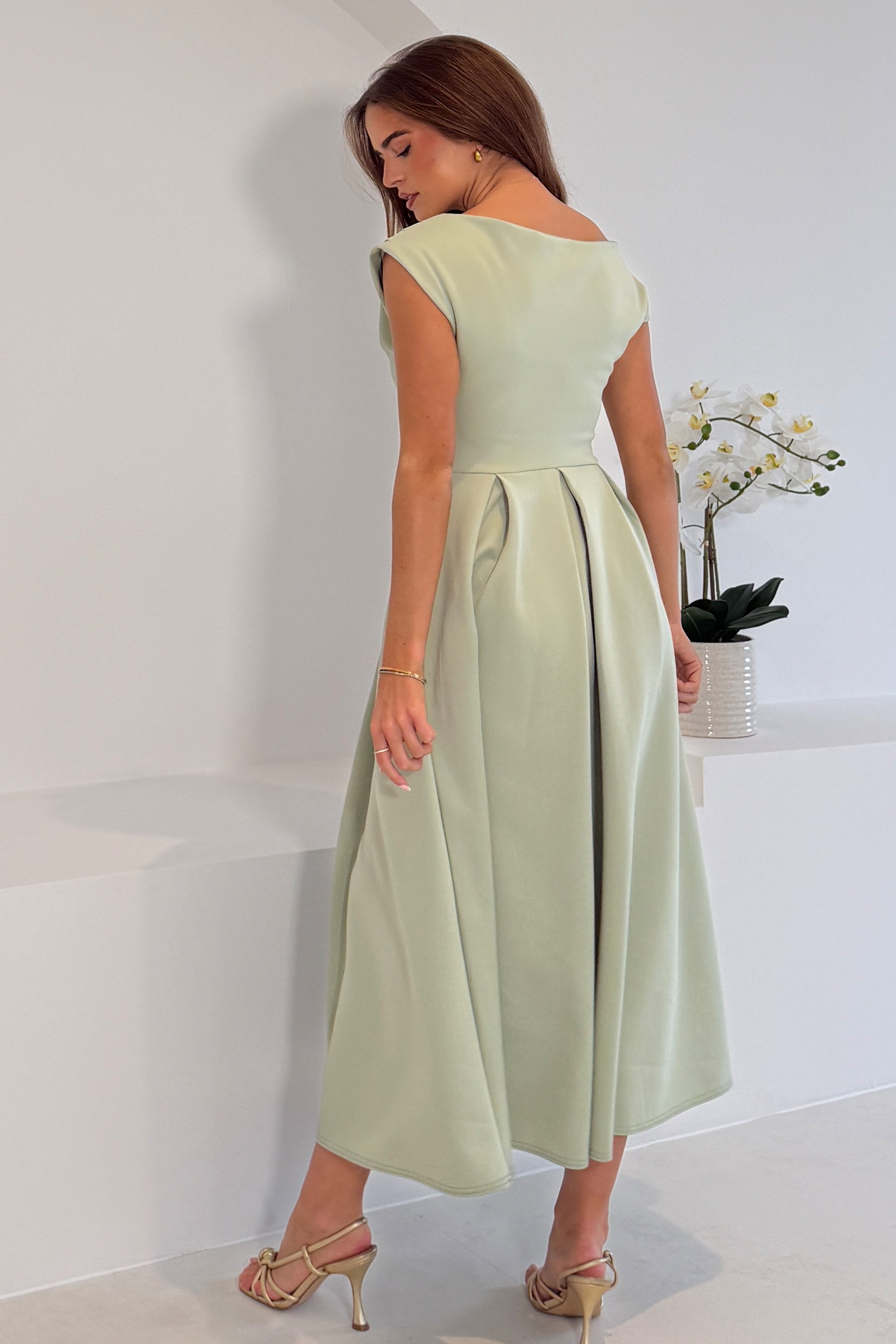 Betty Asymmetric Neckline Skater Midi Dress Sage