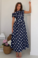 Betty Asymmetric Neckline Skater Midi Dress Navy Polka