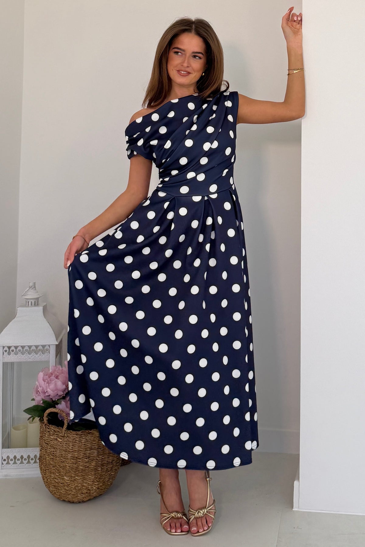 Betty Asymmetric Neckline Skater Midi Dress Navy Polka