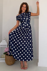 Betty Asymmetric Neckline Skater Midi Dress Navy Polka