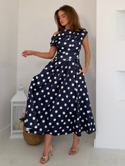 Betty Asymmetric Neckline Skater Midi Dress Navy Polka