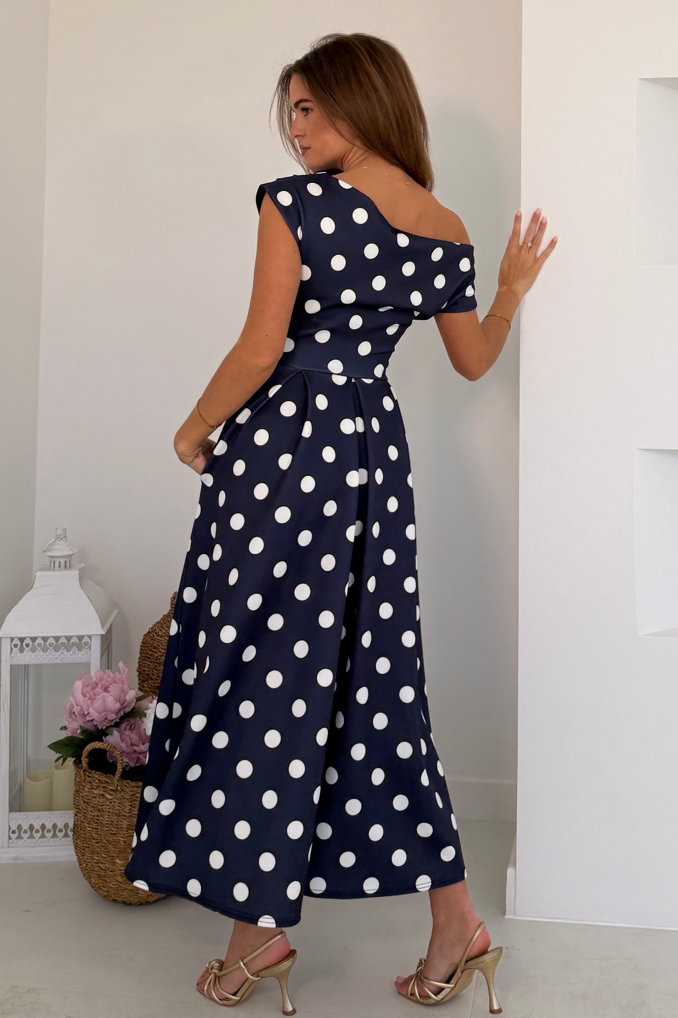 Betty Asymmetric Neckline Skater Midi Dress Navy Polka