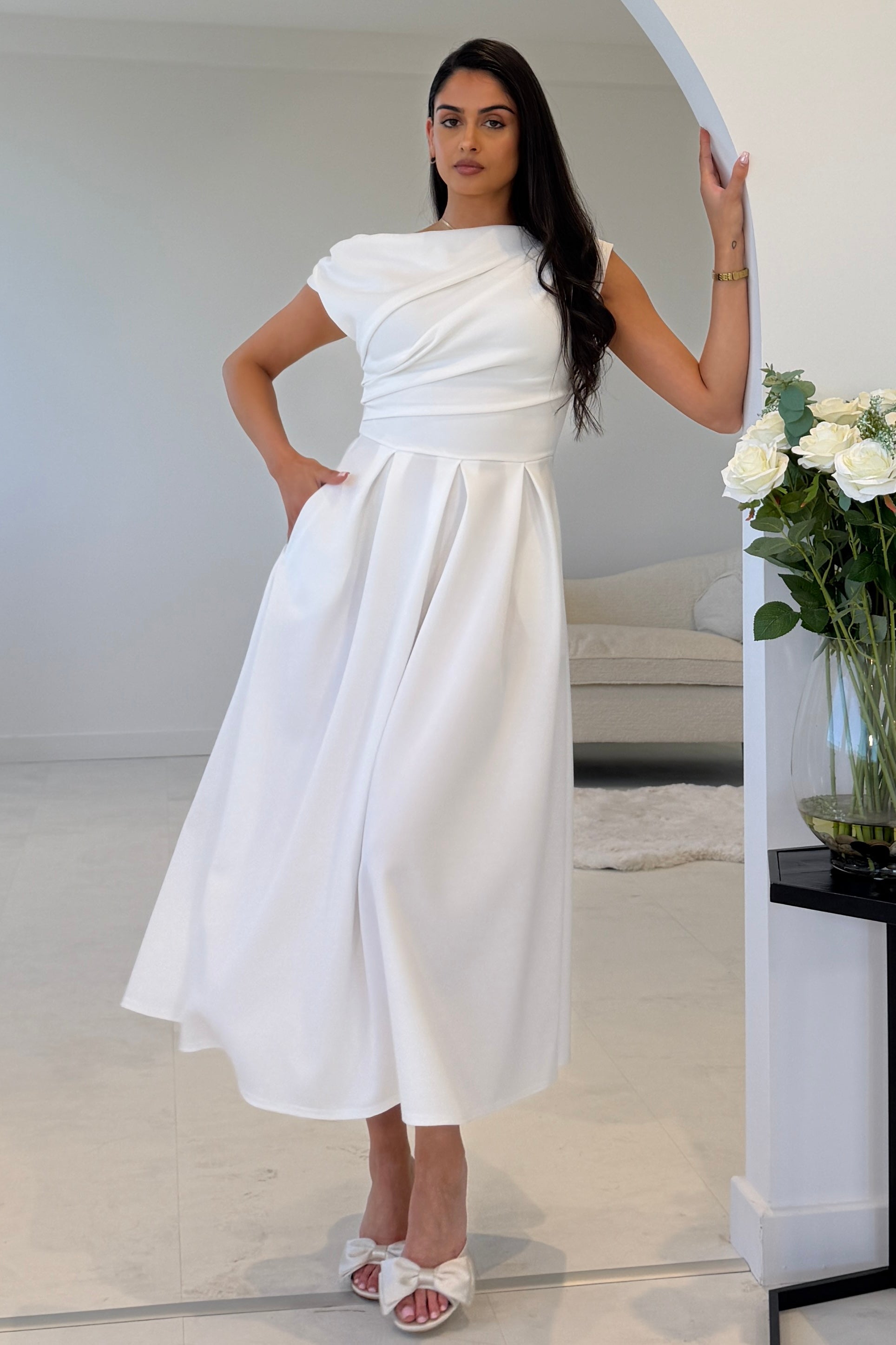 Betty Asymmetric Neckline Skater Midi Dress White
