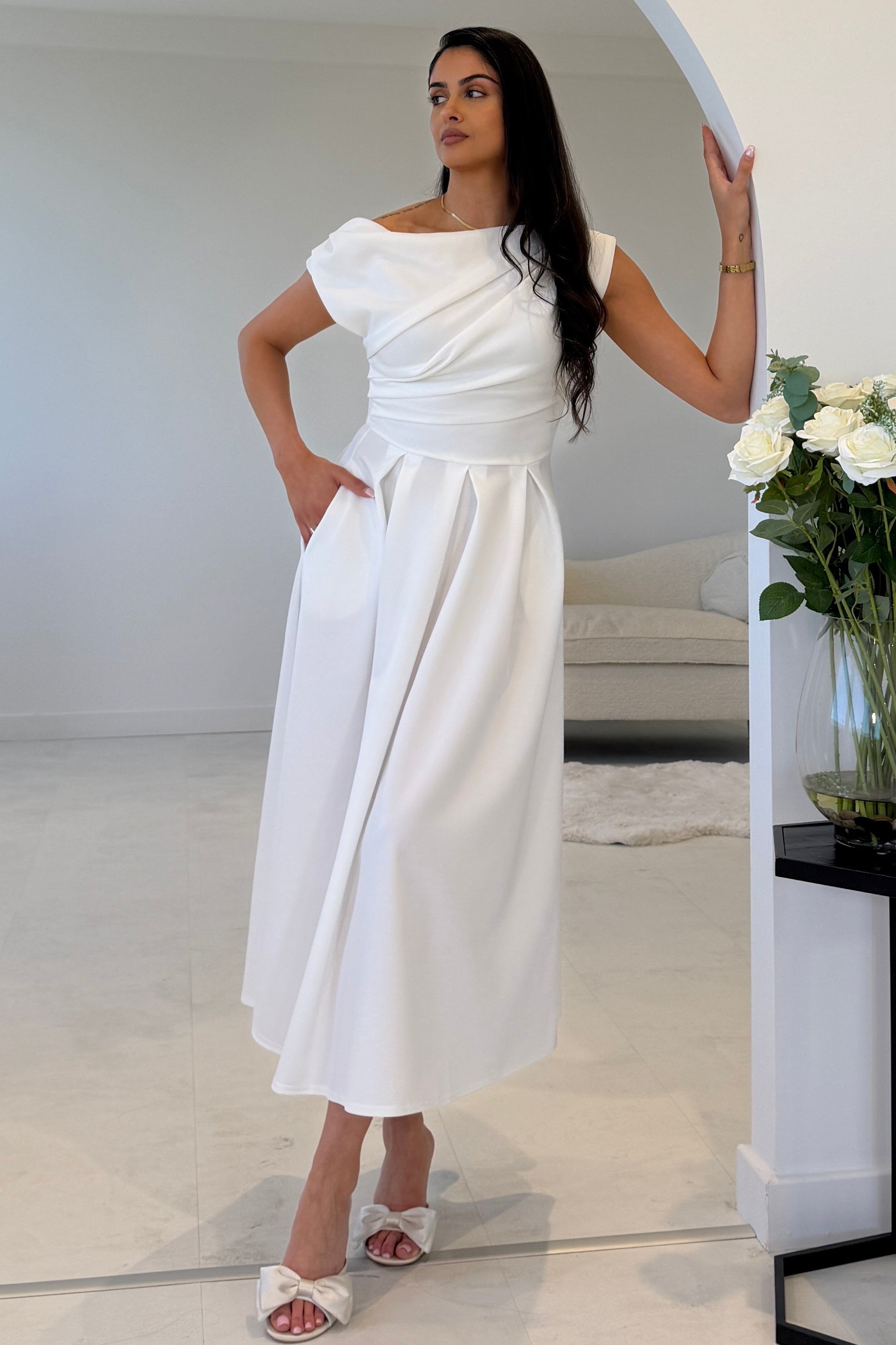 Betty Asymmetric Neckline Skater Midi Dress White
