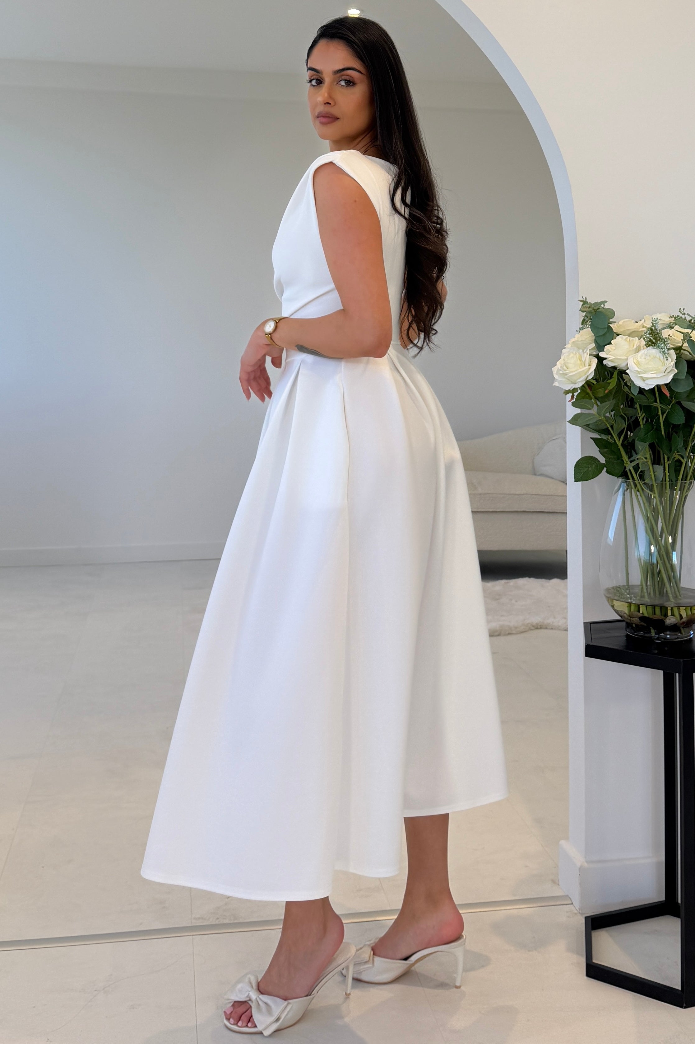 Betty Asymmetric Neckline Skater Midi Dress White