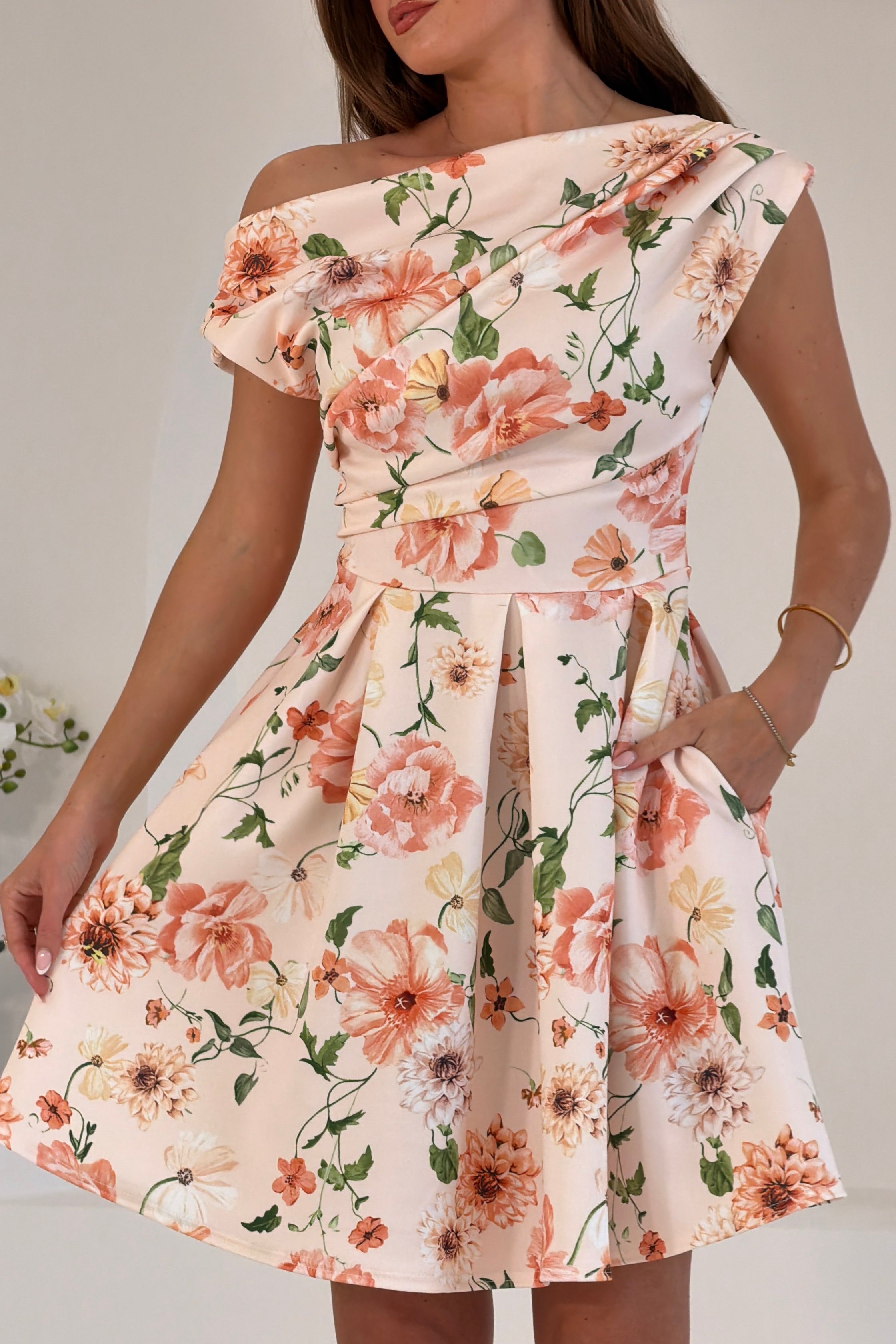 Betty Asymmetric Neckline Skater Mini Dress Peach