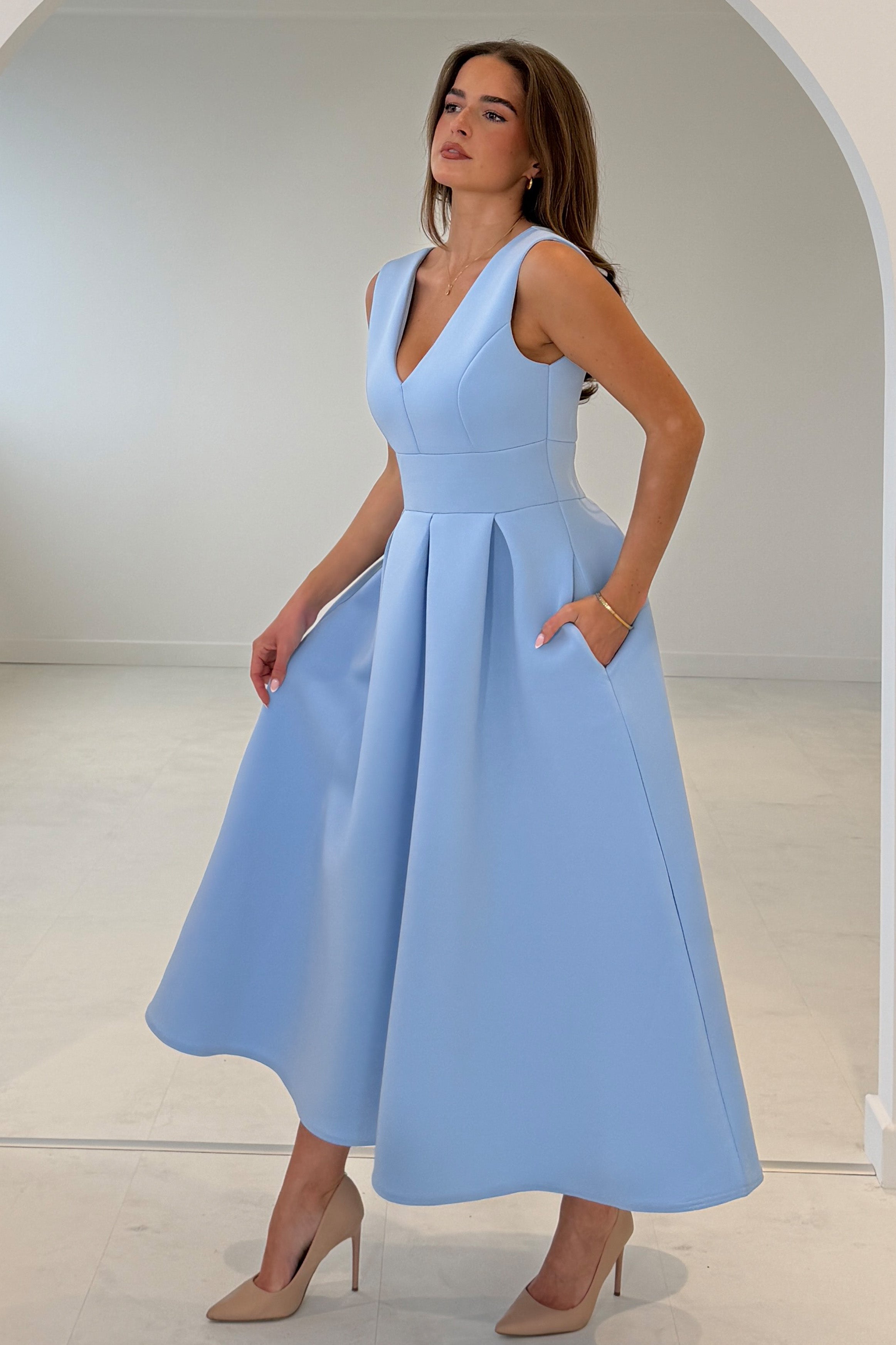 Bethany V Neck Skater Midi Blue