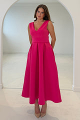 Bethany V Neck Skater Midi Hot Pink