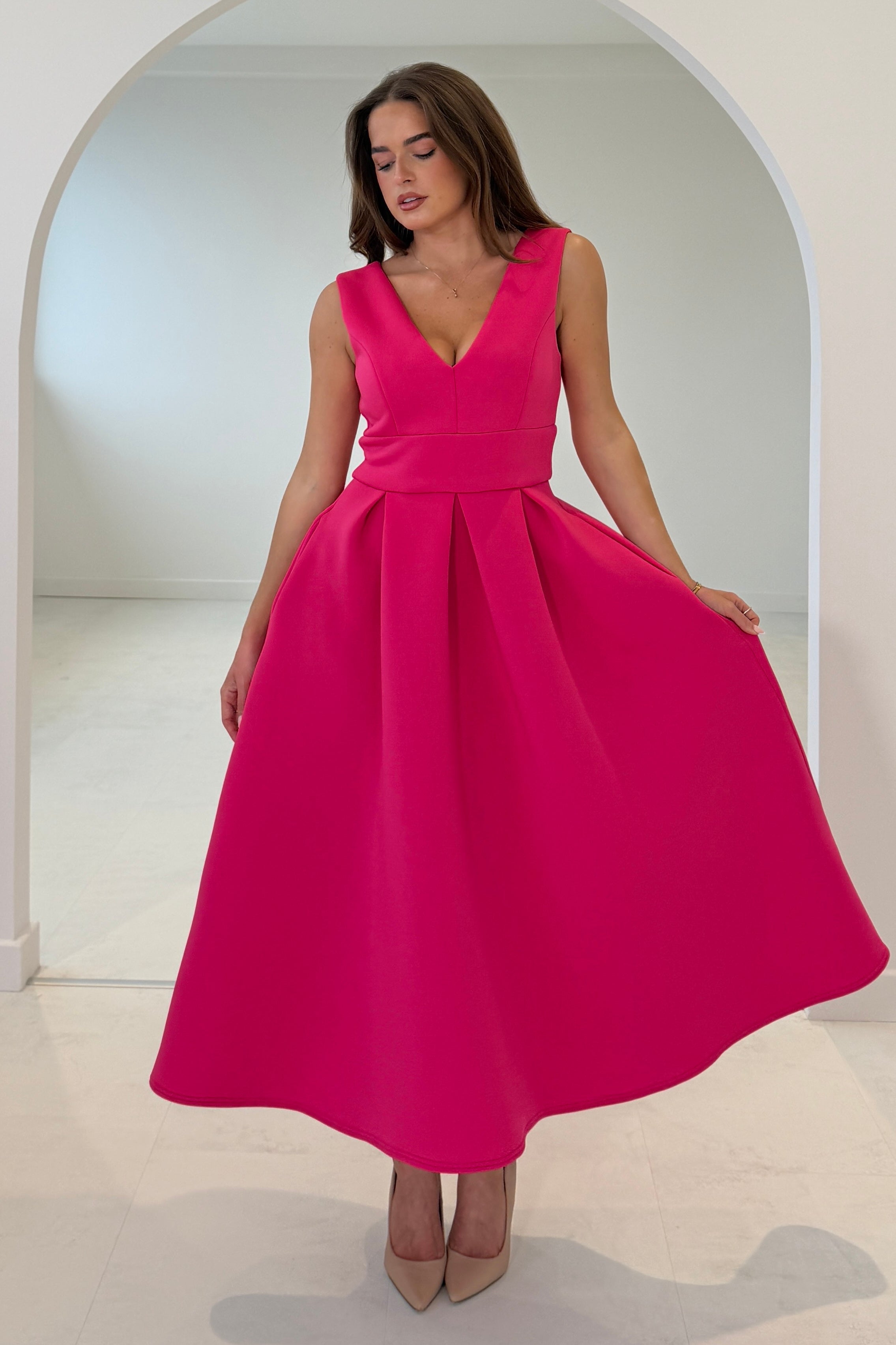 Bethany V Neck Skater Midi Hot Pink